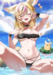 1girl absurdres animal_ear_fluff animal_ears barefoot bikini black_bikini black_choker black_hair black_wrist_cuffs blonde_hair blush breasts choker closed_mouth cloud feet highres hololive long_hair multicolored_hair navel ocean omaru_polka open_mouth pink_hair sky soles streaked_hair sui_hi_sf swim_ring swimsuit toes virtual_youtuber wet wrist_cuffs