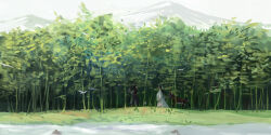 2boys animal bird black_hair black_hanfu bridle chinese_clothes day donkey flower forest from_side grass hair_ribbon hanfu headband high_ponytail holding holding_flower holding_reins lan_wangji long_hair long_sleeves modao_zushi mountain multiple_boys nature outdoors ponytail purple_flower red_ribbon reins ribbon scenery standing stream topknot tree water wei_wuxian white_hanfu white_headband wide_shot wide_sleeves xianduguaitan