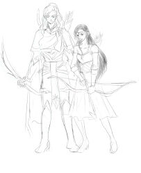 1boy 1girl aredhel arrow_(projectile) bare_shoulders black_hair boots bow_(weapon) breasts cape celegorm cleavage closed_mouth collar cousins elf full_body height_difference highres holding holding_arrow holding_bow_(weapon) holding_weapon long_hair looking_at_viewer mintkim monochrome pointy_ears prince quiver simple_background skirt smile standing the_silmarillion tiara tolkien&#039;s_legendarium weapon
