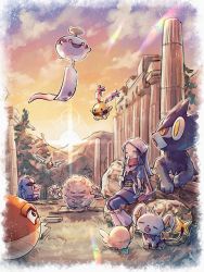 1girl :d akari_(pokemon) boots celestica_flute chimecho chingling closed_eyes cloud commentary_request fazibunnoe flute galaxy_expedition_team_survey_corps_uniform gen_1_pokemon gen_3_pokemon gen_4_pokemon gen_7_pokemon gradient_sky graveler hair_ornament hat headscarf highres hisuian_voltorb holding holding_instrument instrument long_hair luxio mountain nintendo nosepass open_mouth outdoors pillar pokemon pokemon_(creature) pokemon_legends:_arceus red_scarf rock rotom rotom_(normal) rowlet scarf scenery shinx sitting sky smile sun sunrise temple tree white_headscarf white_headwear