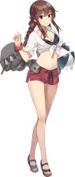 1girl ball beachball bikini black_bikini bracelet braid breasts brown_hair collared_shirt front-tie_top full_body green_eyes jewelry kantai_collection konishi_(koconatu) large_breasts long_hair machinery midriff navel noshiro_(kancolle) noshiro_(swimsuit)_(kancolle) official_art open_collar red_shorts sandals scrunchie ship_turret shirt shorts standing swept_bangs swimsuit third-party_source tied_shirt transparent_background twin_braids white_shirt