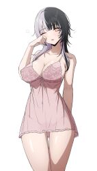 Rule 34 | 1girl, absurdres, alternate costume, black hair, breasts, cleavage, commentary, covered navel, daydarion, english commentary, grey hair, highres, hololive, hololive english, large breasts, long hair, multicolored hair, nightgown, one eye closed, parted lips, pink nightgown, shiori novella, simple background, sleepy, solo, split-color hair, two-tone hair, virtual youtuber, white background, yellow eyes