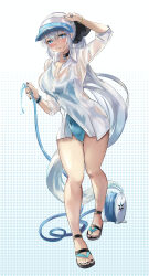 Rule 34 | 1girl, absurdres, black bow, blue eyes, blue one-piece swimsuit, blush, bow, braid, breasts, choker, fate/grand order, fate (series), full body, grey hair, hair bow, half up braid, highres, hose, klash, large breasts, long hair, long sleeves, looking at viewer, morgan le fay (fate), one-piece swimsuit, ponytail, sandals, sidelocks, solo, swimsuit, visor cap