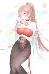 1girl alternate_costume arm_under_breasts azur_lane bare_shoulders black_dress blush bracelet breasts brown_choker brown_corset brown_hair choker cleavage clothing_request collarbone commentary_request corset dress earrings feet_out_of_frame fingernails hand_up high_ponytail highres jean_bart_(azur_lane) jewelry large_breasts livetarica long_dress long_hair looking_to_the_side neck parted_lips polka_dot polka_dot_background ponytail red_eyes shoulder_tattoo signature sitting skindentation solo tattoo