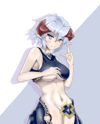 Rule 34 | 1girl, bad id, bad pixiv id, bare shoulders, blush, breasts, convenient censoring, duel monster, female focus, hair ornament, highres, horns, isolde belle of the underworld, large breasts, looking at viewer, midriff, navel, no panties, pointy ears, short hair, sideboob, grey eyes, silver hair, smile, solo, underboob, undressing, yu-gi-oh!, yu (yoki)