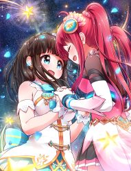 Rule 34 | 2girls, absurdres, ahoge, asahina kokomi, battle girl high school, blue eyes, blush, braid, brown hair, clip studio paint (medium), closed eyes, dress, earrings, facing another, hasumi urara, highres, holding hands, jewelry, long hair, looking at another, multiple girls, open mouth, red hair, sky, star (sky), star (symbol), starry sky, tamanegi (12030028), twintails, white dress