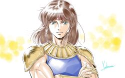 1boy absurdres armlet armor artist_name blue_shirt brown_hair commentary crossed_arms gold_armlet gold_armor green_eyes headband highres jewelry long_hair male_focus muscular muscular_male parted_lips portrait red_headband shirt shoulder_armor signature sleeveless sleeveless_shirt smile solo ten-oh_hyuuga tenkuu_senki_shurato yoshinaga_masahiro