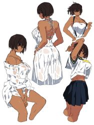 1girl breasts crop_top dark-skinned_female dark_skin dress from_behind highres kei_(m_k) large_breasts looking_back m_k multiple_views naked_shirt off_shoulder original school_uniform serafuku shirt short_hair standing tall_female tomboy white_dress white_shirt