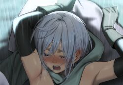 Rule 34 | 1girl, armpits, black sleeves, blush, chris (konosuba), commentary request, detached sleeves, gloves, grey gloves, grey hair, half-closed eyes, highres, hood, hood down, izawa (bhive003), kono subarashii sekai ni shukufuku wo!, motion lines, pillow, red eyes, saliva, shiny skin, short hair, solo, teeth, tongue