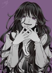 1girl absurdres greyscale_with_colored_background hairband hands_up highres juliet_sleeves kaoru_hana_wa_rin_to_saku long_hair long_sleeves looking_at_viewer mikami_saka open_mouth puffy_sleeves purple_background purple_eyes sailor_collar school_uniform signature simple_background smile solo spot_color teeth upper_body waguri_kaoruko