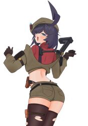 1girl ahoge ass bag beret black_panties black_thighhighs blue_eyes brown_hat brown_jacket brown_shorts commentary_request from_behind girls&#039;_frontline girls&#039;_frontline_2:_exilium hand_up hat highleg highleg_panties highres jacket korean_commentary ksenia_(girls&#039;_frontline_2) lightning_ahoge long_hair looking_at_viewer looking_back off_shoulder open_mouth panties pouch purple_hair red_shirt shirt short_shorts shorts solo stechkin_(girls&#039;_frontline) sweat thigh_pouch thighhighs torn_clothes torn_thighhighs underwear wwtkgg