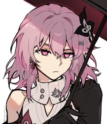 Rule 34 | 1girl, black gloves, caelum17th, evernight (honkai: star rail), gloves, hair ornament, hairclip, highres, honkai: star rail, honkai (series), looking at viewer, march 7th (honkai: star rail), pink eyes, pink hair, portrait, short hair, simple background, single bare shoulder, solo, white background