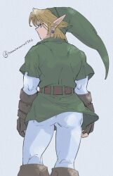 1boy blonde_hair blue_eyes boots brown_boots brown_gloves closed_mouth curtained_hair earrings film_grain fingerless_gloves from_behind gloves green_hat green_tunic hat highres jewelry layered_sleeves link long_pointy_ears long_sleeves looking_to_the_side male_focus nanananana0706 nintendo pants piercing pointy_ears profile shirt short_over_long_sleeves short_sleeves simple_background solo standing the_legend_of_zelda the_legend_of_zelda:_ocarina_of_time tunic twitter_username white_background white_pants white_shirt
