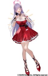 1girl bare_shoulders black_ribbon breasts closed_eyes collarbone copyright_notice crescent dress fur-trimmed_dress fur_trim grey_hair hair_ribbon halo hand_on_own_chest highres holding holding_microphone long_hair microphone neck_ribbon open_mouth pom_pom_(clothes) red_dress red_shoes ribbon santa_costume santa_dress sesekawa_nako shoes solo v&amp;u_entertainment white_background yurikago_kokone