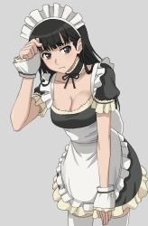 1girl alternate_costume amagami apron ayatsuji_tsukasa black_choker black_dress black_eyes black_hair blue_background blunt_bangs breasts choker cleavage closed_mouth collarbone dress enmaided frilled_apron frilled_choker frilled_dress frills frown hand_up kippei leaning_forward maid maid_apron maid_headdress medium_breasts short_sleeves simple_background solo thighhighs waist_apron white_apron white_thighhighs white_wrist_cuffs wrist_cuffs
