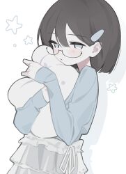 Rule 34 | 1girl, absurdres, brown hair, closed mouth, glasses, hair ornament, hairclip, highres, holding, long sleeves, medium hair, myomuron, original, simple background, skirt, sleeves past wrists, solo, star (symbol), stuffed toy, upper body, white background, white skirt