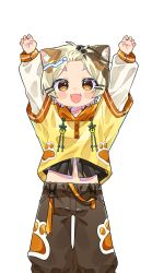 Rule 34 | 1boy, :3, animal ear fluff, animal ears, arms up, blonde hair, blush stickers, brown eyes, brown hair, brown pants, cat boy, cat ears, closed mouth, commentary request, feet out of frame, highres, hood, hood down, hoodie, indie virtual youtuber, layered sleeves, long sleeves, looking at viewer, male focus, multicolored hair, navel, notamaru 2, pants, paw-shaped pupils, paw hair ornament, short hair, short over long sleeves, short sleeves, smile, solo, standing, symbol-shaped pupils, tatamaru (vtuber), transparent background, virtual youtuber, yellow hoodie