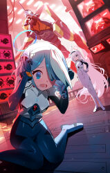 Rule 34 | 2girls, absurdres, alternate costume, arona (blue archive), ayanami rei, ayanami rei (cosplay), blue archive, blue eyes, blue hair, bodysuit, breasts, cosplay, eva 01, grey eyes, grey hair, highres, ikari gendou, ikari gendou (cosplay), ikari shinji, ikari shinji (cosplay), kim yongha, mecha pilot suit, multicolored hair, multiple girls, nasan (coldtime), neon genesis evangelion, pink hair, plana (blue archive), plugsuit (evangelion), small breasts, steam (platform), thighs, two-tone hair