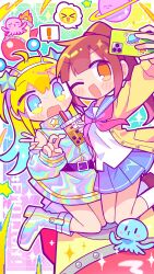 ! +_+ 2girls ;d aqua_hair bare_shoulders blonde_hair blue_eyes blue_sailor_collar blue_skirt blush boots brown_hair brown_shoes cardigan cellphone commentary_request cup detached_sleeves disposable_cup dress drinking_straw gradient_hair highres holding holding_cup holding_phone long_hair long_sleeves multicolored_eyes multicolored_hair multiple_girls neckerchief octopus one_eye_closed open_cardigan open_clothes open_mouth orange_eyes original outline outstretched_arm phone pleated_skirt ponytail purple_eyes red_neckerchief richard_(richaball) sailor_collar school_uniform selfie serafuku shirt shoes sidelocks skirt sleeveless sleeveless_dress smartphone smile socks spoken_exclamation_mark spoken_expression sweatdrop two-tone_hair wavy_mouth white_boots white_dress white_outline white_shirt white_sleeves white_socks yellow_cardigan