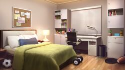 american_football_(object) apartment ball bed bedroom book bookshelf bulletin_board chair desk_lamp drawer dumbbell green_blanket highres indoors lamp no_humans non-web_source official_art our_life:_beginnings_and_always paper pillow plant potted_plant scenery soccer_ball trash_can window_blinds wooden_floor