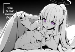 Rule 34 | 1girl, absurdres, blue archive, breasts, clover dot (clov erd), finger to mouth, hair between eyes, highres, large breasts, long hair, looking at viewer, lying, noa (blue archive), noa (pajamas) (blue archive), on bed, on side, pajamas, partially colored, ponytail, purple eyes, shushing, sidelocks, smile, tight clothes, under covers