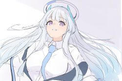 1girl blue_archive blue_necktie blush breasts collared_shirt grey_hair grin halo highres jacket large_breasts long_hair looking_at_viewer mechanical_halo necktie noa_(blue_archive) ogura_toast open_clothes open_jacket purple_eyes shirt simple_background smile solo white_background white_jacket white_shirt