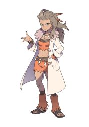 Rule 34 | 1girl, absurdres, aqua eyes, artist request, bracelet, breasts, brown hair, brown sandals, closed mouth, coat, crop top, earrings, female focus, forehead, full body, fur-trimmed coat, fur collar, fur trim, hair ornament, hand in pocket, hand up, happy, highres, jewelry, lab coat, leg warmers, long hair, long sleeves, looking at viewer, midriff, nail polish, navel, necklace, nintendo, official art, open clothes, open coat, orange leg warmers, orange legwear, orange nails, orange shirt, orange shorts, outline, pokemon, pokemon sv, professor sada, sandals, shirt, short shorts, shorts, simple background, small breasts, smile, solo, split mouth, stomach, toned, transparent background, white coat, white outline