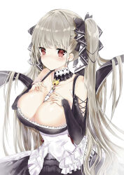 1girl absurdres azur_lane bare_shoulders between_breasts black_dress black_sleeves blush breasts cleavage commentary dress earrings flight_deck formidable_(azur_lane) frilled_dress frills grey_hair hair_ribbon hands_on_own_chest hands_up highres jewelry large_breasts long_hair long_sleeves looking_at_viewer necktie necktie_between_breasts nose_blush red_eyes ribbon simple_background solo twintails two-tone_dress two-tone_ribbon upper_body very_long_hair white_background yukineko1018