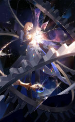 Rule 34 | 1boy, armillary sphere, black arm warmers, blonde hair, blue eyes, blue gemstone, braid, broken glass, chess piece, chinese commentary, coat, ctrchangge, feet out of frame, gears, gem, glass, glass shards, glint, glowing, hair between eyes, highres, long hair, long sleeves, looking at object, male focus, pants, parted lips, project soul, single braid, sky, solo, star (sky), starry sky, very long hair, white coat, white pants