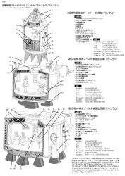 5girls diagram excel_(gewalt) fairy_maid_(touhou) female_focus greyscale hakurei_reimu highres izayoi_sakuya kirisame_marisa mini-hakkero monochrome multiple_girls remilia_scarlet rocket spacecraft touhou translation_request typo