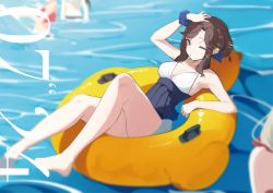 4girls afloat aijou_karen alternate_hairstyle arm_up armpits bare_arms bare_legs bare_shoulders barefoot blonde_hair blue_one-piece_swimsuit blue_ribbon blue_scrunchie blurry blurry_background blurry_foreground breasts brown_hair casual_one-piece_swimsuit cleavage closed_mouth collarbone commentary_request dated day depth_of_field duck_innertube fataaa hair_ribbon halterneck hand_on_own_head highres innertube kagura_hikari knee_up large_breasts lens_flare looking_at_viewer lying medium_hair multiple_girls official_alternate_costume on_back one-piece_swimsuit one_eye_closed outdoors partially_submerged purple_eyes ribbon saijou_claudine scrunchie shoujo_kageki_revue_starlight shoujo_kageki_revue_starlight_-re_live- sideboob sidelocks solo_focus standing swim_ring swimsuit tendou_maya wading water water_drop wet white_one-piece_swimsuit wrist_scrunchie