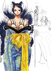 1girl animal_ears arm_tattoo bent_over brown_hair canon_genderswap cheek_bulge chest_tattoo cowboy_shot earrings fox_ears fox_girl fox_tail genderswap genderswap_(mtf) highres japanese_clothes jewelry kimono law-chan looking_at_viewer multiple_tails multiple_views namnam_op no_bra one_piece short_hair simple_background sketch smile tail tattoo trafalgar_law white_background yellow_eyes