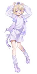 1girl absurdres animal animal_on_head banpen_(todoroki_hajime) blonde_hair full_body highres hololive hololive_dev_is jacket leg_warmers mui_maru on_head purple_eyes purple_jacket purple_shorts shirt shoes shorts sneakers todoroki_hajime todoroki_hajime_(1st_costume) two_side_up virtual_youtuber white_background white_shirt
