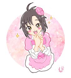 :3 akaumemusubi antenna_hair black_hair blush border dated dress flower grey_eyes hair_ornament heart highres idolmaster idolmaster_(classic) kikuchi_makoto long_sleeves own_hands_together parted_bangs pink_dress pink_flower pink_ribbon pink_rose ribbon rose signature star-shaped_pupils star_(symbol) symbol-shaped_pupils white_border