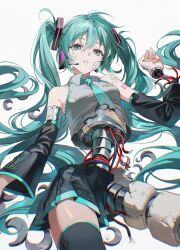 Rule 34 | 1girl, absurdres, aqua eyes, aqua hair, aqua necktie, bandaid, bandaid on face, bare shoulders, black skirt, black sleeves, black thighhighs, cable, damaged, detached sleeves, grey shirt, hair between eyes, hatsune miku, headphones, highres, long hair, looking at viewer, microphone, necktie, number tattoo, parted lips, pong (pong o0), robot, shirt, shoulder tattoo, skirt, solo, tattoo, thighhighs, twintails, very long hair, vocaloid