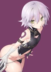 1boy absurdres arm_belt armor ass bandages black_panties butt_crack censored fate/grand_order fate_(series) fingerless genderswap genderswap_(ftm) gloves grey_hair highres jack_the_ripper_(fate/apocrypha) nipples omiyacha panties penis penis_out purple_background scar scar_on_face short_hair small_penis solo tattoo thong trap underwear undressing wide_hips yellow_eyes