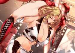 Rule 34 | 2girls, abs, animal print, blonde hair, boots, breasts, carrying, carrying over shoulder, chaps, cleavage, cow print, dixie clemets, gloves, hinomoto reiko, large breasts, long hair, multiple girls, muscular, muscular female, nervous sweating, one eye closed, panties, rumble roses, ryona, submission hold, sweat, tobisawa, toned, underwear, vest, wrestling, wrestling outfit, wrestling ring