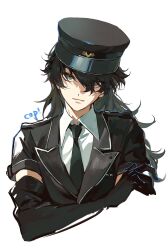 Rule 34 | 1boy, amamiya ren, black gloves, black hair, black hat, black jacket, closed mouth, collared shirt, cropped torso, elbow gloves, english text, gloves, grey eyes, hat, highres, jacket, long hair, looking at viewer, male focus, persona, persona 5, persona 5: dancing star night, persona dancing, police, police uniform, ppeko0602, shirt, simple background, smile, solo, upper body, white background, white shirt