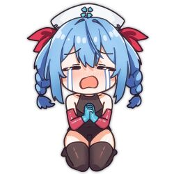 1girl alpha_transparency black_leotard black_thighhighs blue_gloves blue_hair blush chibi closed_eyes colphne_(girls&#039;_frontline_2) colphne_(silent_heart)_(girls&#039;_frontline_2) commentary crying english_commentary facing_viewer girls&#039;_frontline girls&#039;_frontline_2:_exilium gloves hat leotard medium_hair nurse_cap official_alternate_costume open_mouth own_hands_together rishe_(reeeeshe) seiza simple_background sitting solo thighhighs