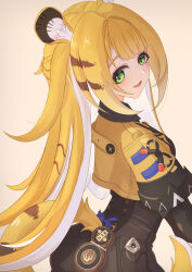 1girl animal_ears black_shorts blonde_hair cropped_jacket ddog_(ddog39) green_eyes high-waist_shorts highres jacket ju_fufu long_hair looking_at_viewer open_mouth shorts smile solo tail tiger_ears tiger_girl tiger_tail very_long_hair yellow_jacket zenless_zone_zero