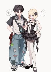 Rule 34 | ..., 1boy, 1girl, absurdres, alternate costume, bag, bag charm, baggy pants, bead necklace, beads, black dress, black hair, black shoes, blonde hair, blue eyes, cellphone, charm (object), closed mouth, dress, ear piercing, full body, hand in pocket, hand on own hip, headphones, headphones around neck, highres, holding, holding phone, jewelry, maruko gaku, necklace, oosuzuki kurara, pakimoti, pants, phone, piercing, red eyes, shirt, shoes, short hair, short sleeves, simple background, sleeveless, smartphone, sneakers, spoken ellipsis, squiggle, the hundred line -last defense academy-, thighhighs, torn clothes, torn pants, white thighhighs