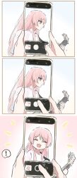 2girls ^_^ bang_dream! bang_dream!_it&#039;s_mygo!!!!! blush chihaya_anon closed_eyes commentary electric_guitar fang grey_eyes guitar highres instrument long_hair lyy multiple_girls nagasaki_soyo open_mouth pink_hair shirt short_sleeves smile symbol-only_commentary taking_picture white_shirt