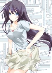 10s 1girl bakemonogatari black_hair blouse blue_eyes highres long_hair monogatari_(series) nisemonogatari purple_hair ruler scissors senjougahara_hitagi shirt skirt souyoku stapler