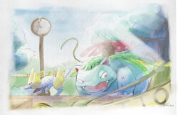 animal_focus bright_pupils caution_tape clock commentary creatures_(company) english_commentary fangs full_body game_freak gen_1_pokemon gen_3_pokemon highres manectric nintendo no_humans nostrils open_mouth outdoors plant pokemon pokemon_(creature) red_eyes signature stone_floor tree venusaur venusaur-propaganda vines white_pupils