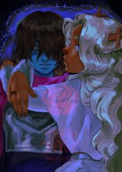 1girl 1other absurdres antlers armor blonde_hair blue_skin colored_skin dark-skinned_female dark_skin deer_antlers deer_girl deltarune eyelashes freckles furry furry_female highres horns jaggedspine jewelry kris_(dark_world)_(deltarune) kris_(deltarune) lips long_hair long_sleeves noelle_holiday noelle_holiday_(dark_world) reindeer_girl robe thorn_ring_(deltarune) very_dark_skin weird_route_(deltarune) white_robe