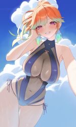 1girl absurdres blue_one-piece_swimsuit blue_sky blush breasts cleavage cloud covered_navel curvy day earrings feather_earrings feathers floating_hair high_ponytail highres hololive hololive_english jewelry large_breasts multicolored_hair official_alternate_costume one-piece_swimsuit outdoors parted_lips perfume_(takanashi_kiara) ponytail purple_eyes see-through_cleavage see-through_clothes sky swimsuit takanashi_kiara thick_thighs thighs two-tone_hair virtual_youtuber wet yubbiidraw