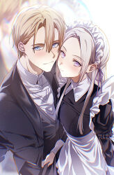 Rule 34 | 1boy, 1girl, absurdres, alternate costume, apron, black dress, blonde hair, blue eyes, blush, butler, closed mouth, collared dress, dated commentary, dimitri alexandre blaiddyd, dress, edelgard von hresvelg, enmaided, fire emblem, fire emblem: three houses, from above, hair between eyes, hair ribbon, highres, long hair, long sleeves, maid, maid apron, maid headdress, nintendo, purple eyes, purple ribbon, ribbon, smile, soma otakuu, standing, waist apron, white hair