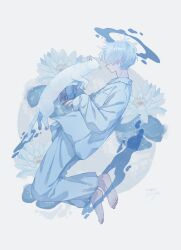 1boy absurdres amenojaku barefoot blue_flower blue_hair blue_pants blue_shirt blue_theme cat closed_mouth commentary_request flower full_body hair_over_eyes highres long_sleeves male_focus original pants shirt short_hair signature sleeves_past_wrists solo water_lily_flower