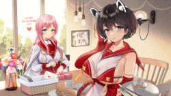 2girls absurdres animal_ears bare_shoulders black_hair blue_archive blue_eyes blush box breasts commentary_request cup elbow_gloves food fork gift gift_box gloves grey_eyes highres holding index_finger_raised indoors kitchen knife large_breasts long_hair long_sleeves looking_at_viewer mimori_(blue_archive) mug multiple_girls photo_(object) picture_frame pink_hair red_gloves sailor_collar short_hair sideboob simple_background sleeveless smile soup steam tsubaki_(blue_archive) upper_body valentine yokii