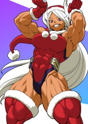 1girl abs armpits boku_no_hero_academia breasts fur-trimmed_gloves fur-trimmed_thighhighs fur_trim gloves grin hat leotard long_hair looking_at_viewer medium_breasts mirko muscular muscular_female pink_eyes pokkuti red_gloves red_hat red_leotard santa_hat santa_leotard simple_background smile solo thick_thighs thighhighs thighs very_long_hair white_hair